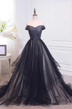 2020 Great Choice Black Off The Shoulder Tulle Pleats Long Prom Dress Shops Around The World