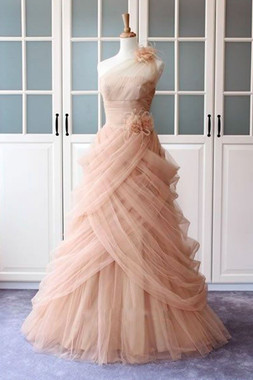 Low Price Guarantee Pleats Flower One Shoulder Unique Pink Tulle Long Prom Dress To Choose From