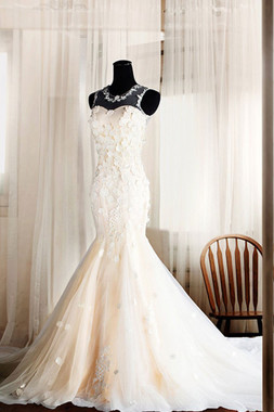 Shop Unique Tulle Mermaid Long White Round Neck Appliques Wedding Dress For Low price