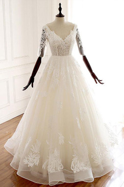 Custom Made White V Neck Tulle Lace  Half Sleeve Long Wedding dress Under 200