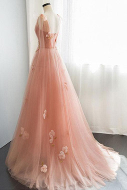 Shop 2020 Pink Tulle Flowers Appliques Straps Long Prom Dress Under 150