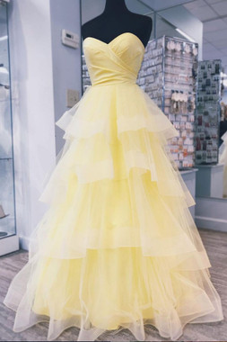 Shop Cheap 2020 Yellow Ruffles Sweetheart Tulle Long Prom Dress Under 150