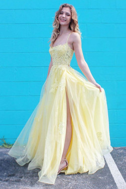 Shop 2020 Cheap Yellow Spaghetti Straps Tulle Appliques Prom Dress With Slit From Annakoo