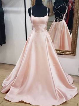Walk-in style and utmost elegance by wearing  Simple Backless Spaghetti Straps Satin Pink Long Prom Dress