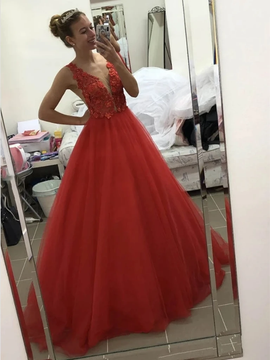 Shop Red V Neck Tulle Backless Floor Length Appliques Flower Prom Dress Under 200