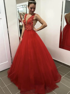 Shop Red V Neck Tulle Backless Floor Length Appliques Flower Prom Dress Under 150