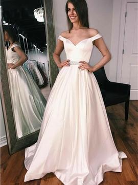 Shop 2020 Off The Shoulder Ivory Satin Beading Long Prom Dress Under 150