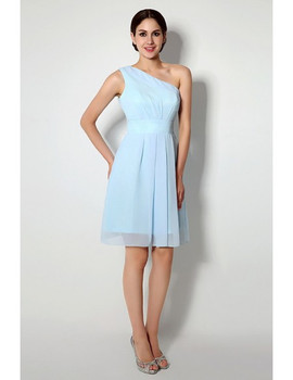  Light Sky Blue One Shoulder Short Bridesmaid Dress