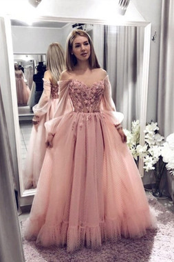 Purchase 2020 Pink Sweetheart Tulle Lace Long Sleeves Flower Prom Dress From Annakoo