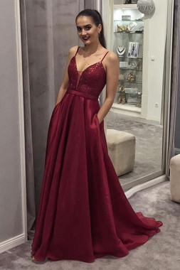 Buy Cheap 2020 Simple V Neck Satin Sequin Long Prom Dress With Pockets Under 130