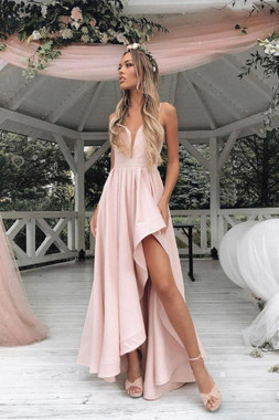 Shop Cheap 2020 High Low Pink Satin Spaghetti Straps Prom Dress Under 98