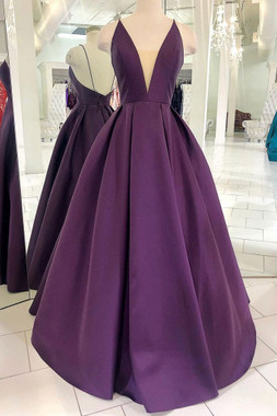 Shop Cheap Grape Purple Satin V Neck Backless Long Prom Dress Under 130