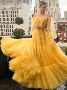 Shop Cheap Long Sleeves Tulle Beading Off The Shoulder Yellow Prom Dress Under 200