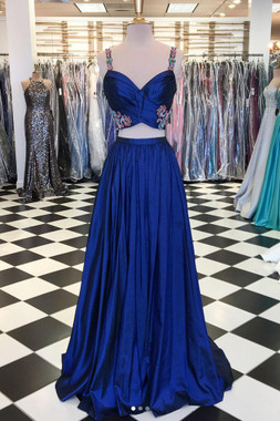 Shop 2020 Royal Blue Satin Pleats Two Piece Spaghetti Straps Embroidery Prom Dress Under 169