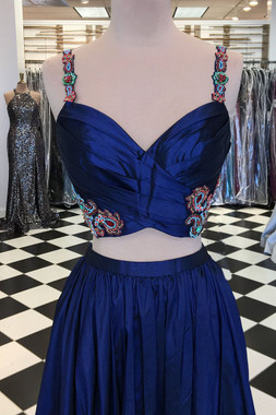 Shop 2020 Royal Blue Satin Pleats Two Piece Spaghetti Straps Embroidery Prom Dress Under 169