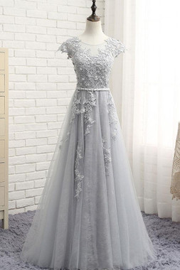Shop 2020 Cheap Cap Sleeves Tulle Appliques See Through Gray Scoop Tulle Prom Dress From Annakoo