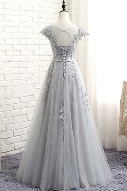 Shop 2020 Cheap Cap Sleeves Tulle Appliques See Through Gray Scoop Tulle Prom Dress From Annakoo