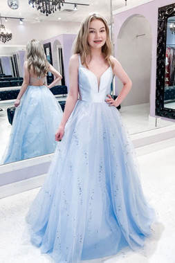Shop 2020 Blue V Neck Backless A Line Satin And Tulle Prom Dress Under 120