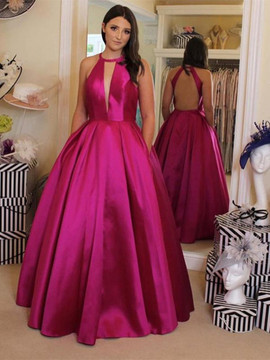 Be The Prom Queen In Fuchsia Satin Cut Out Long Halter Prom Dress With Pockets