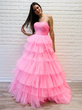 Browse Our Lovely Strapless Layered Pink Long Tulle Formal Prom Dress Under 200