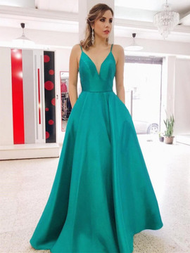 Stand Out With Green Long A Line V Neck Backless Prom Dresses with Pocket Under 100
