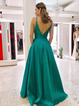 Stand Out With Green Long A Line V Neck Backless Prom Dresses with Pocket Under 100