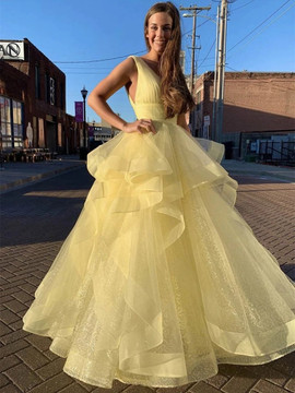 Affordable Fluffy Tulle V Neck Sequins Yellow Long Prom Dress Under 150