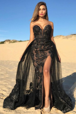 Buy 2020 Sexy Black Sweetheart Beaded Side Slit Overskirt Lace Prom Dresses Under 179