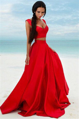 Shop 2020  Two Piece Red Satin Long Cheap Sleeveless Sexy Prom Dress Under 99