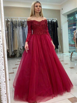 Be The Prom Queen In Off The Shoulder Long Sleeves Tulle Burgundy Lace Prom Dress