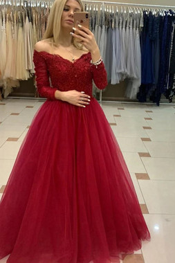 Be The Prom Queen In Off The Shoulder Long Sleeves Tulle Burgundy Lace Prom Dress