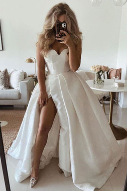 It's Prom Season Wear White Sweetheart Satin Long Pleats Prom Dress With Slit