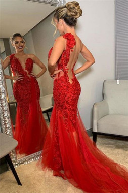 100% Custom Made One Shoulder Lace Red Applique Backless Sexy Mermaid Tulle Prom Dresses