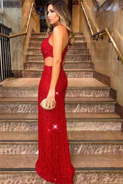 Instead Opt For a Stylish Red One Shoulder Cut Out Sheath Column Side-Slit Sequins Prom Dress
