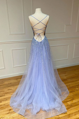 Stand Out With Purple Tulle Sequin Backless Long Spaghetti Straps Prom Dress Under 200