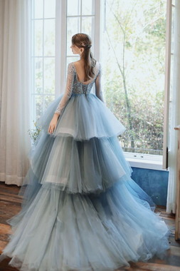 Order Your Ideal Blue Long Sleeve Lace Up Ruffles Beading Tulle Prom Dress Under 250