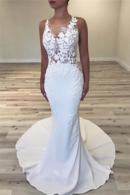 Make yourself into a vision of loveliness in Sleeveless Sheer Back Satin Appliques Mermaid Wedding Dress