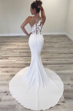 The dress is styled with Sleeveless Sheer Back Satin Appliques Mermaid Wedding Dress