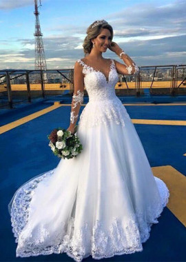Embrace a radiantly romantic look in Lace Appliques Sweep Train Beading Long Sleeve Tulle Wedding Dress