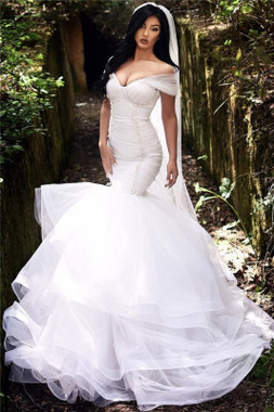 Delicate and dreamy Tiered Tulle Sexy Beads Mermaid Off The Shoulder Wedding Dress