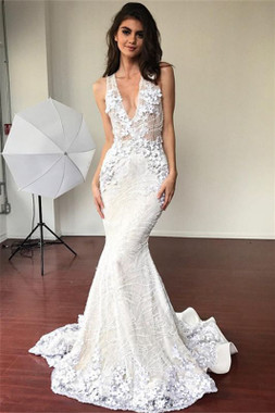 Shop 2020 Mermaid V-neck Sleeveless Elegant Lace Flowers Bridal Wedding Dress