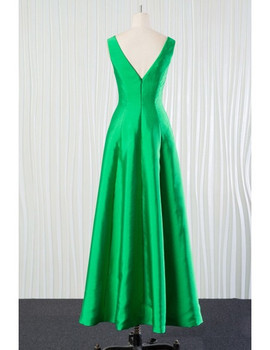  Long Green Satin V Neck Bridesmaid Dress