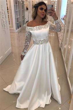 Satin Long Sleeve Off The Shoulder Beading Appliques Bridal Wedding Dress Fit Your Body Type