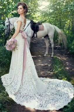 Stand Out With A-line Lace Outdoor  Open Back Portrait Wedding Dress with Lavender Sash