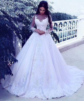 Don't Miss The Amazing & Affordable Tulle Appliques Jewel Long Sleeves Bridal Ball Gown Wedding Dress