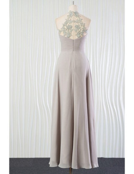 Long Halter Lace Back Silver Beach Bridesmaid Dress 