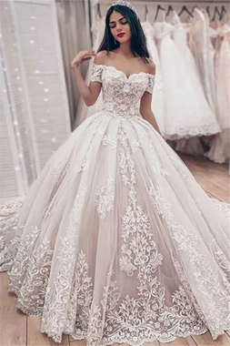 With Annakoo, You'll Find Off The Shoulder Puffy Tulle Appliques Ball Gown Princess Lace Wedding Dress