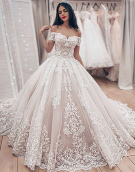 With Annakoo, You'll  Find Off The Shoulder Puffy Tulle Appliques Ball Gown Princess Lace Wedding Dress