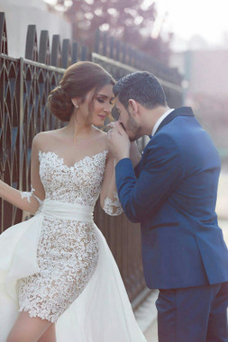 Shop An Amazing Selection Of Long Sleeve Latest Short Lace Wedding Dress with Detachable Train