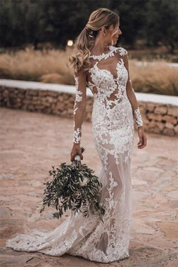 See Through Lace Close-fitting Cheap Long Sleeve Outdoor Beach Wedding Dress At Incredible Price